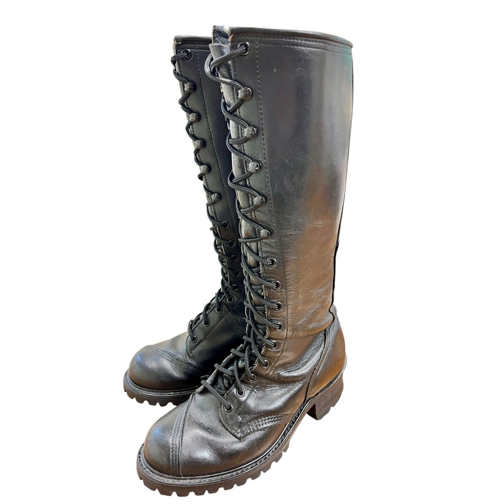 Rare Vintage FRYE Campus Lug Lace Up Boots Sz 9 Black Leather Knee High 90s Goth